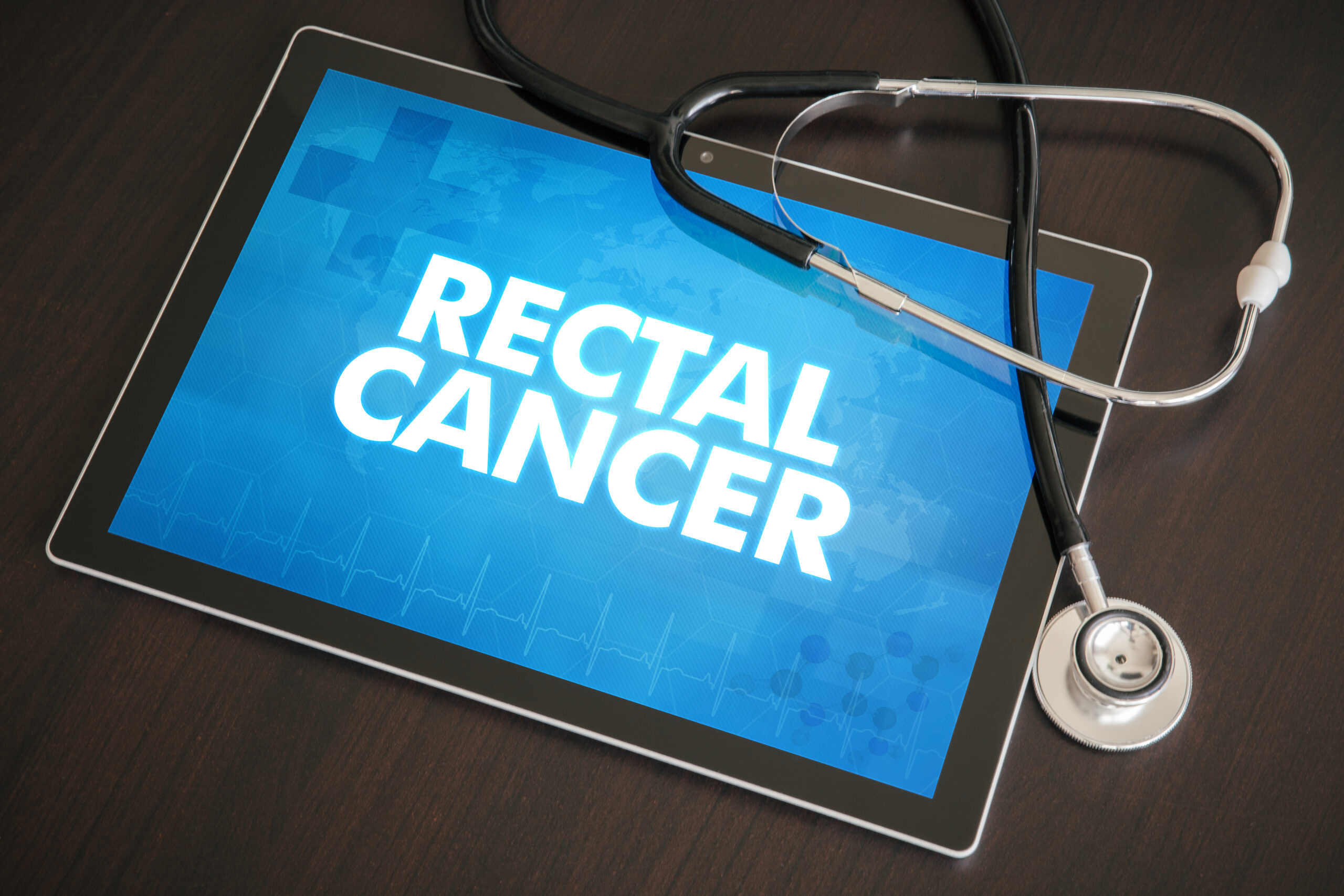 Rectal cancer (cancer type) diagnosis medical concept on tablet screen with stethoscope.